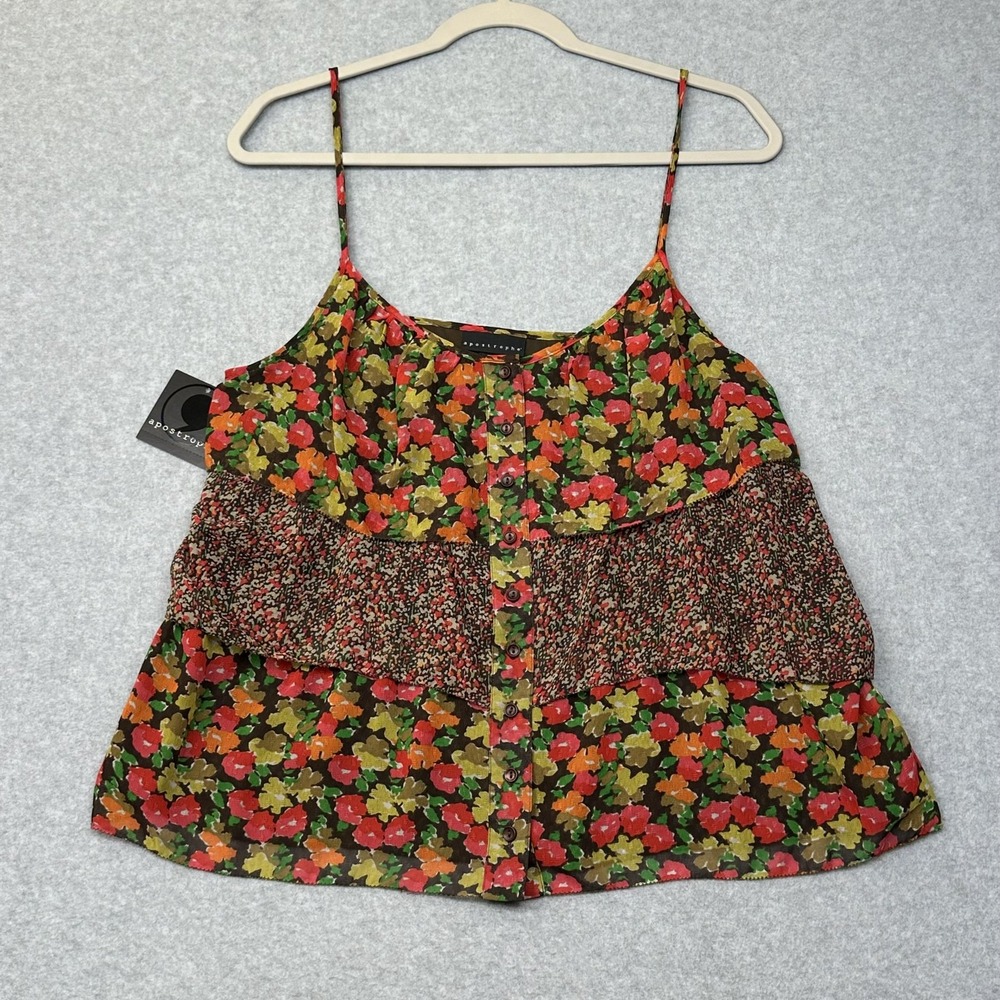 Apostrophe Camisole Womens Large Brown Red Floral‎ Tiered Button Front Lined